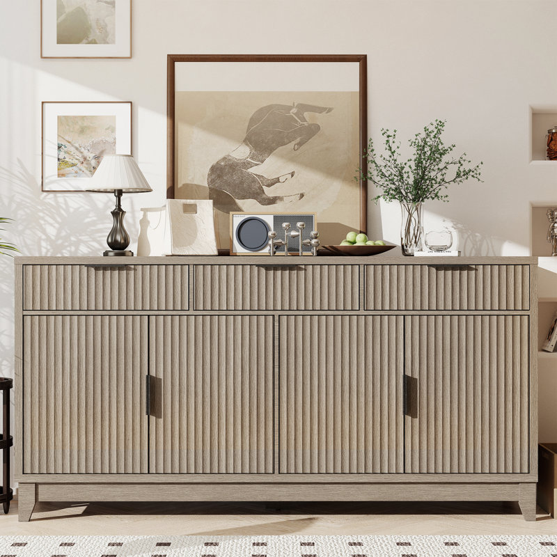 55" 4-Door Buffet Cabinet Sideboard Storage Cabinet With Doors And Shelves, Washed Gray