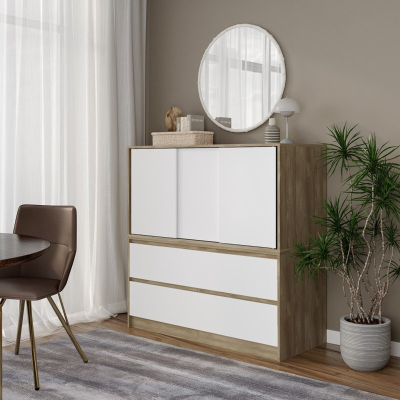 Solid Wood Rectangle Accent Cabinet, Oak with White