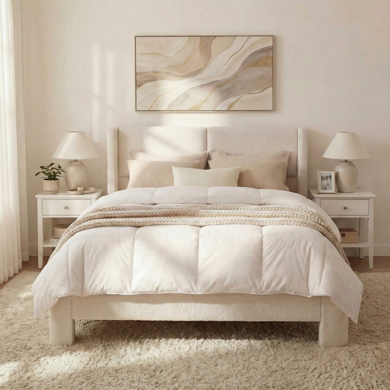 Structure de lit rembourrée avec tête de lit et ports USB, conception en nuage, aucun sommier nécessaire, blanc crème, Double