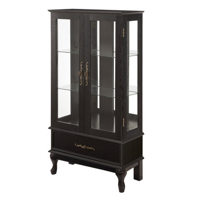 2 Door Wine Display With Adjustable Shelves, Led Lights, Mirrored Back, Vintage Handle Home Storage Glass Doors, Black Finish, Handle, Hidden Drawer, Lighting