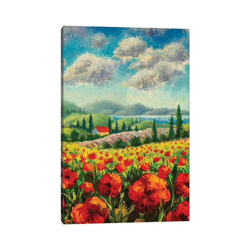 Landscape With Cypress Trees, Red Poppies, Beautiful Sea by Valery Rybakow - Wrapped Canvas Painting, 20.32 cm H x 30.48 cm W