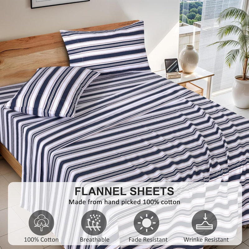 Ensemble de draps en flanelle 100% coton, 4 pièces, draps d'automne chauds et douillets de 16 po, Maritime Striped