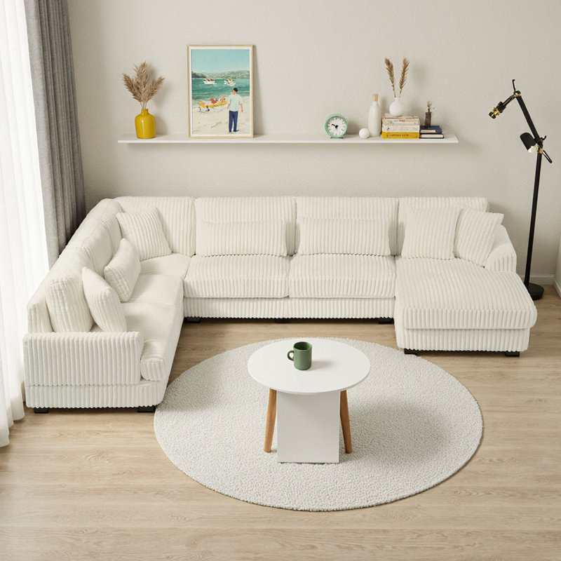 Canapé modulaire surdimensionné en U de 129 po avec méridienne en velours beige doux, 5 places, Beige