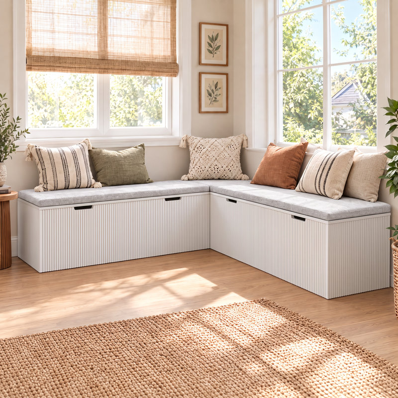 Banquette de coin en forme de L avec coussin, coin repas avec rangement dissimulé pour cuisine et entrée, blanche, Blanc
