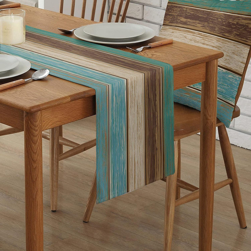 Chemin de table en lin en coton 13 x 102 pouces Chemin de table en bois de grange rustique dégradé mer vert gris antidérapant ensemble de cuisine