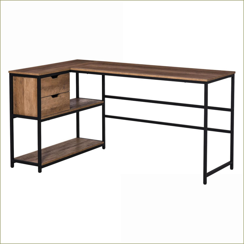 Space-Saving L-Shaped Home Office Desk with Storage Shelves &amp; 2 Drawers, Black/Brown Steel Frame