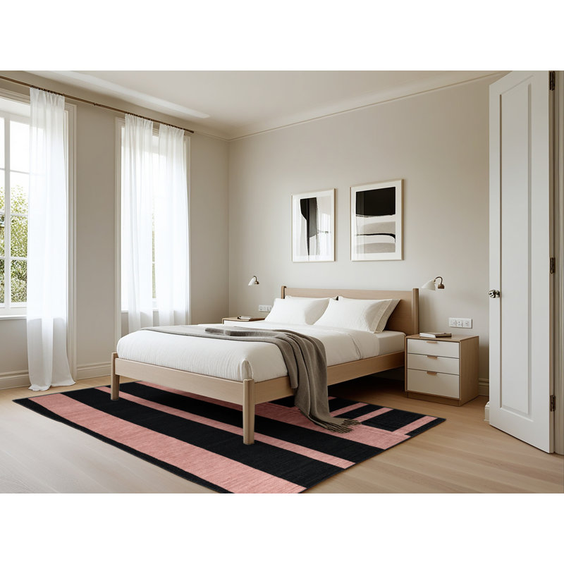 Machine Washable Horizontal Stripes Black Area Rug, Rectangle 5' x 7'