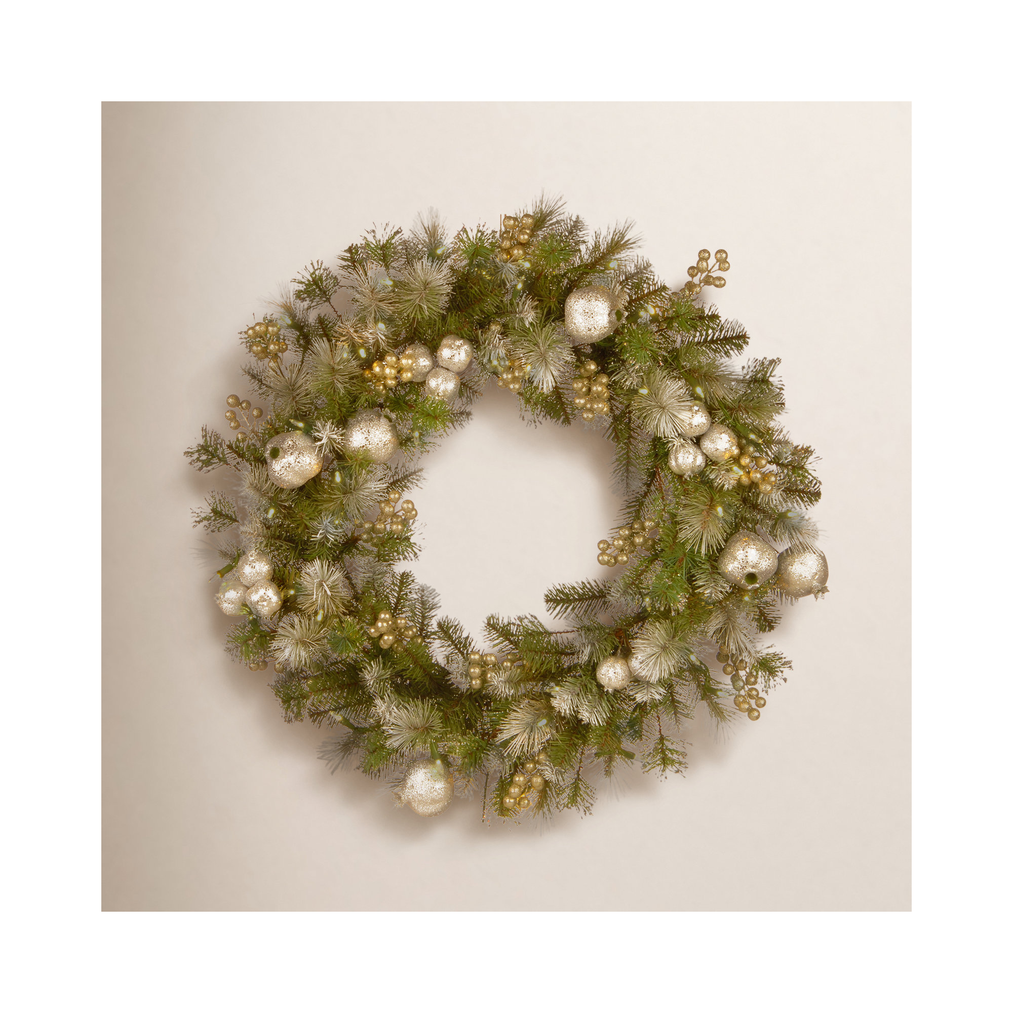 The Holiday Aisle® Glittery Pomegranate Pine Wreath with Battery Operated LED Lights, 30"
