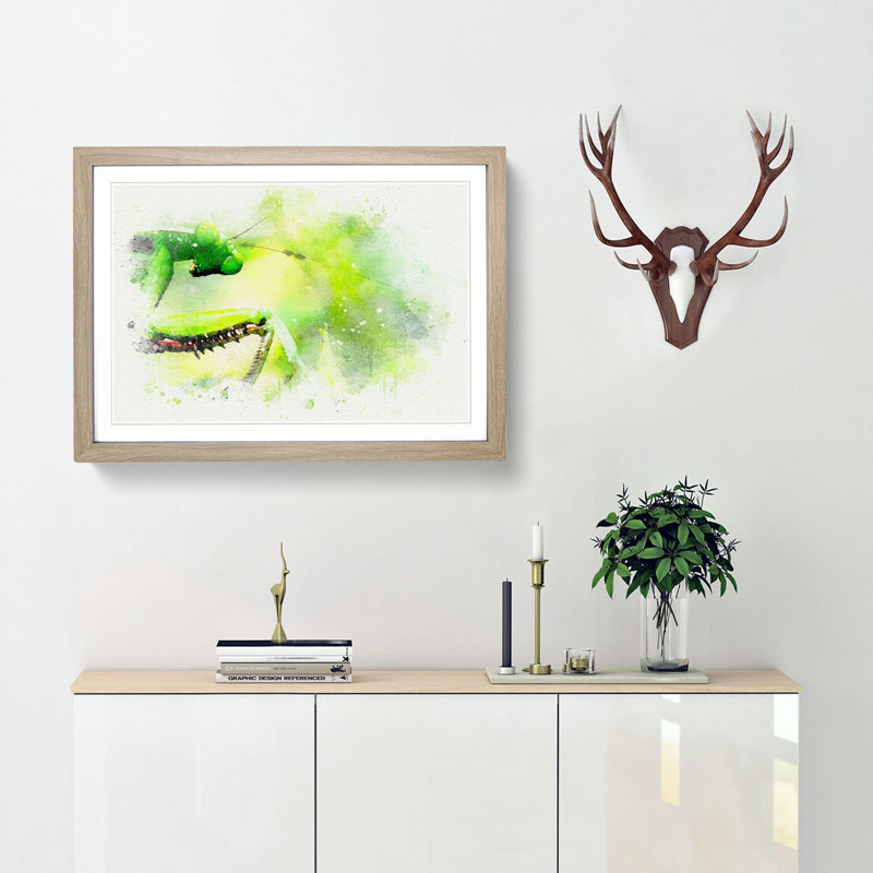 Peering Praying Mantis in Abstract - Picture Frame Graphic Art Print, 36cm H x 48cm W x 2cm D, Oak Framed
