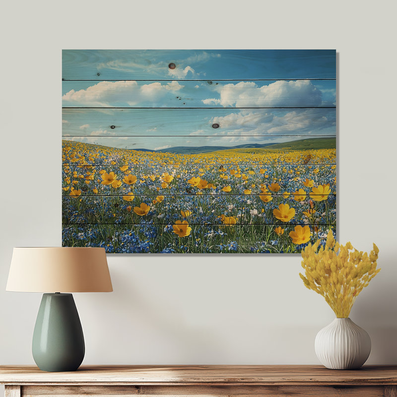 Yellow Daylight Joy Wildflowers II - Wildflowers Wood Wall Art - On Natural Pine Wood, 24" H x 32" W x 0.78" D