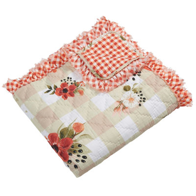 Benjara Lire Quilted Throw Blanket with Fill, Red Windflower Print