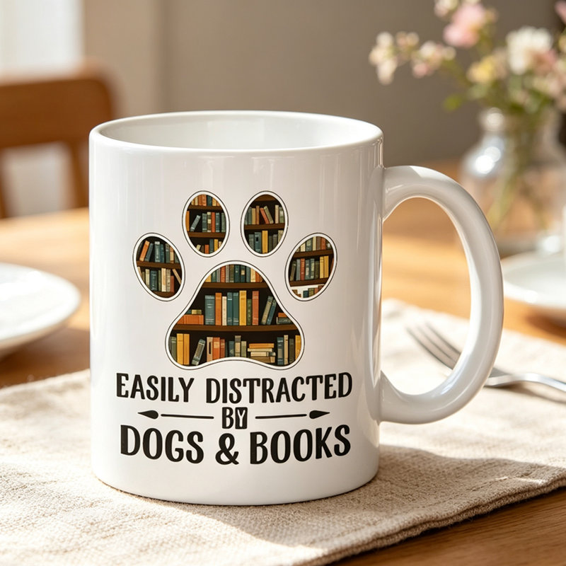 A Ceramic Coffee Mug Featuring a Dog And Book Design, Perfect for Holding Tea, Milk, Or Water.