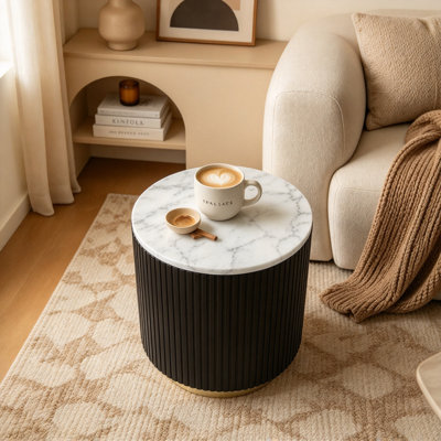 Table de bout ronde cylindrique avec plateau en marbre d'ingénierie et base métallique, table d'appoint de 20 pouces