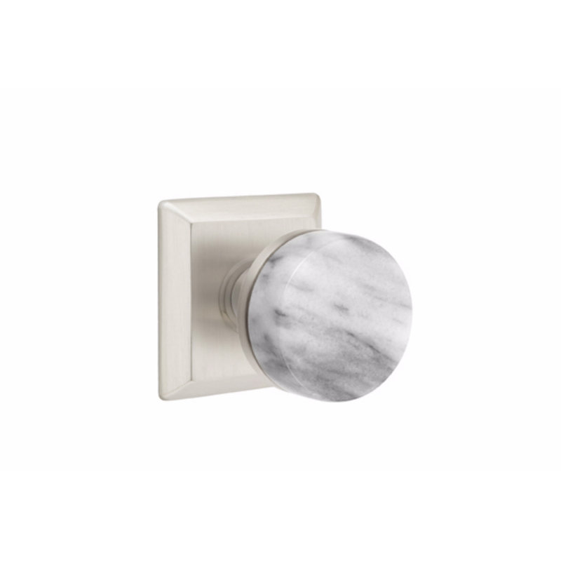 Ensemble de faux boutons Emtek Select, rosette Quincy, tige conique, poignée en marbre blanc, Nickel satiné