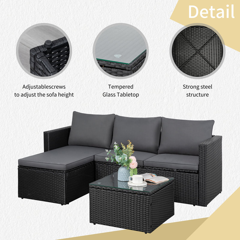 Harbaugh Wicker 3 - Person Patio Conversation Set with Cushions, Gray/Black