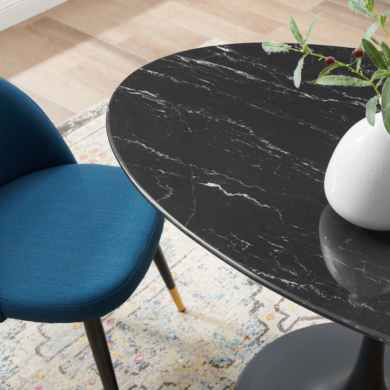 Black Oval Artificial Marble Dining Table with Metal Pedestal Base