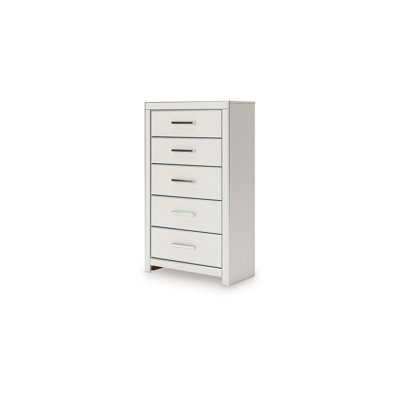 Commode haute Zura, 5 tiroirs avec poignées chromées modernes, blanc mat