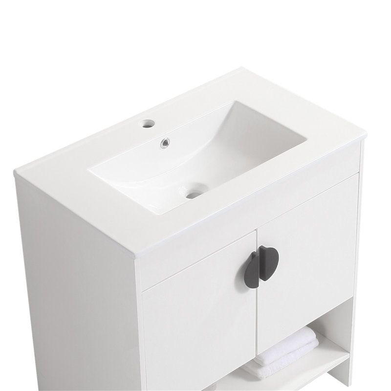Meuble-lavabo compact de 30 po avec lavabo en céramique blanche et deux portes d'armoire, fabrication en bois massif, à l'exception des robinets