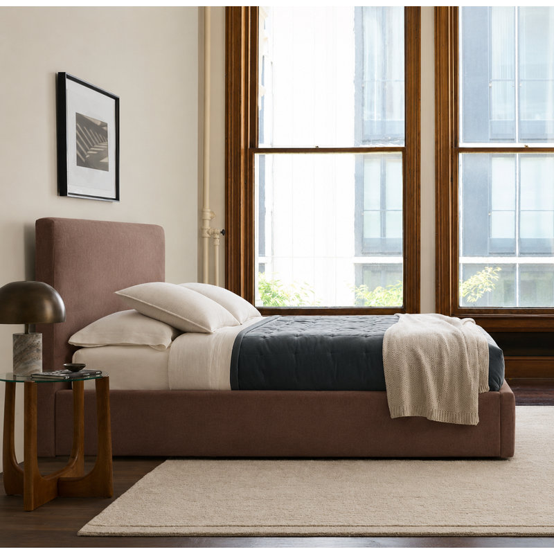 Kaiser Mid-Century Upholstered Platform Bed, Brown Velvet, King