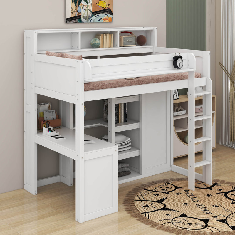 Lit mezzanine simple avec tablettes et garde-robe, Blanc