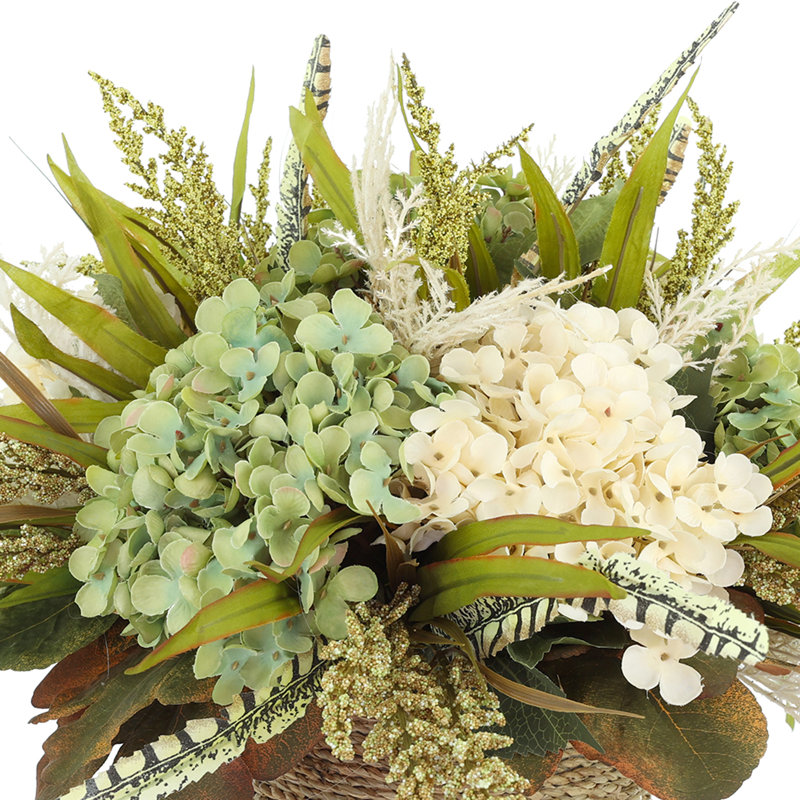 Fall Arrangement with Hydrangeas and Wheat in Rope Pot, Green