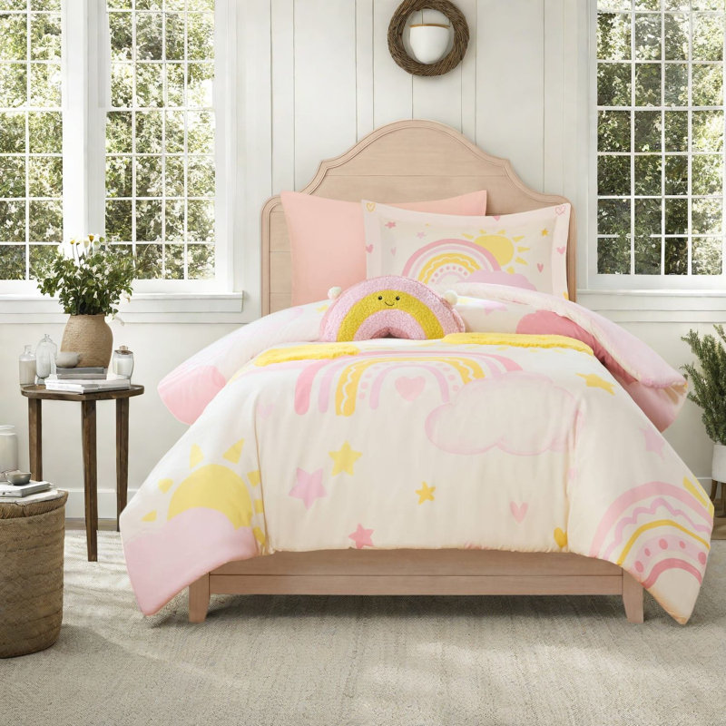 Ensembles de literie pour enfants, couette en microfibre sherpa rose arc-en-ciel pour lit simple/simple XL