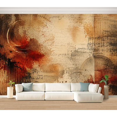 Wall Mural Peel and Stick Wallpaper Abstract Musical Notes Grunge Art Warm Earth Tones Self-Adhesive Removable Contact Paper Wall Decor for Living Room Bedroom 100"H x 144"W