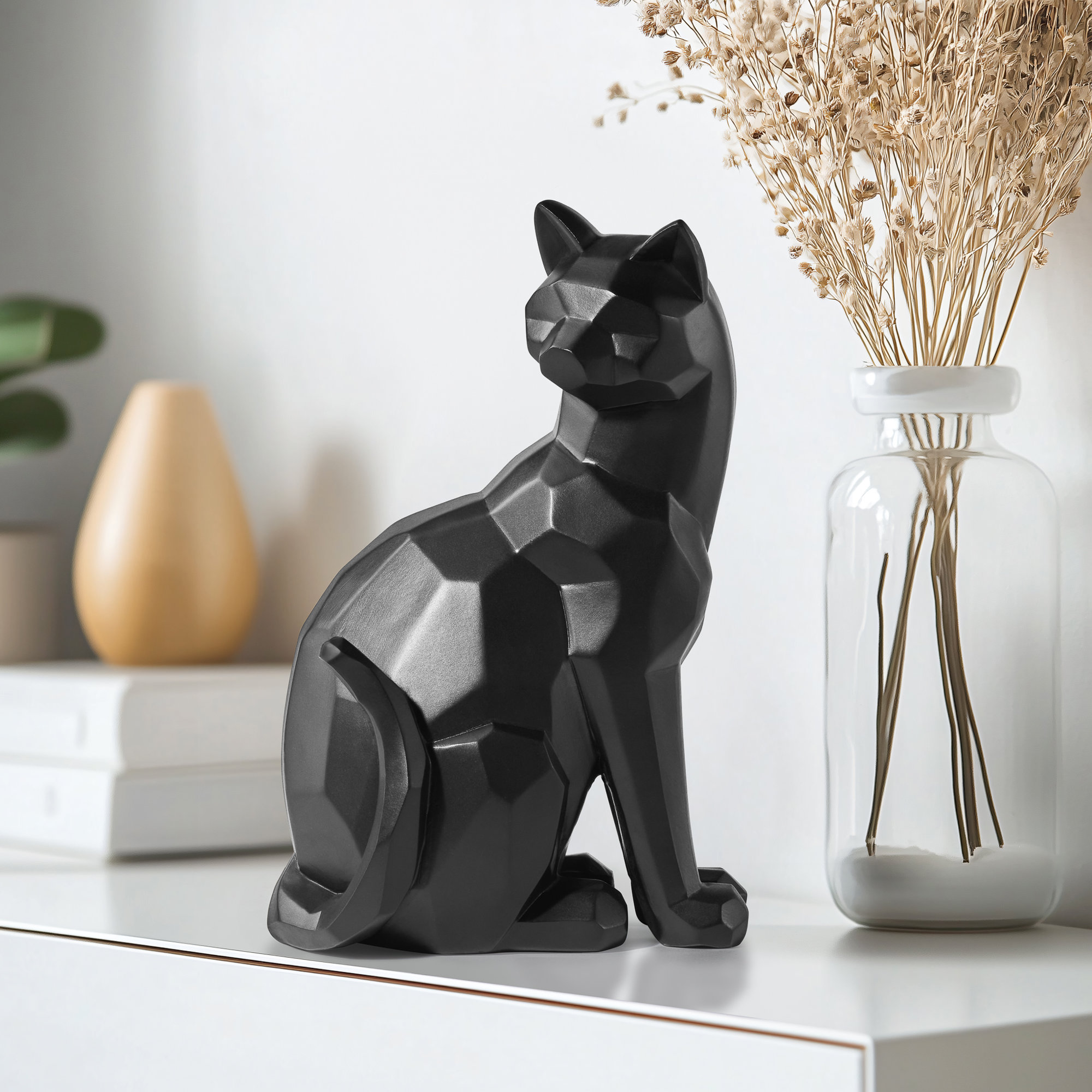 Bostobrick Carved Angle Sitting Cat Modern Decor Sculpture, Black