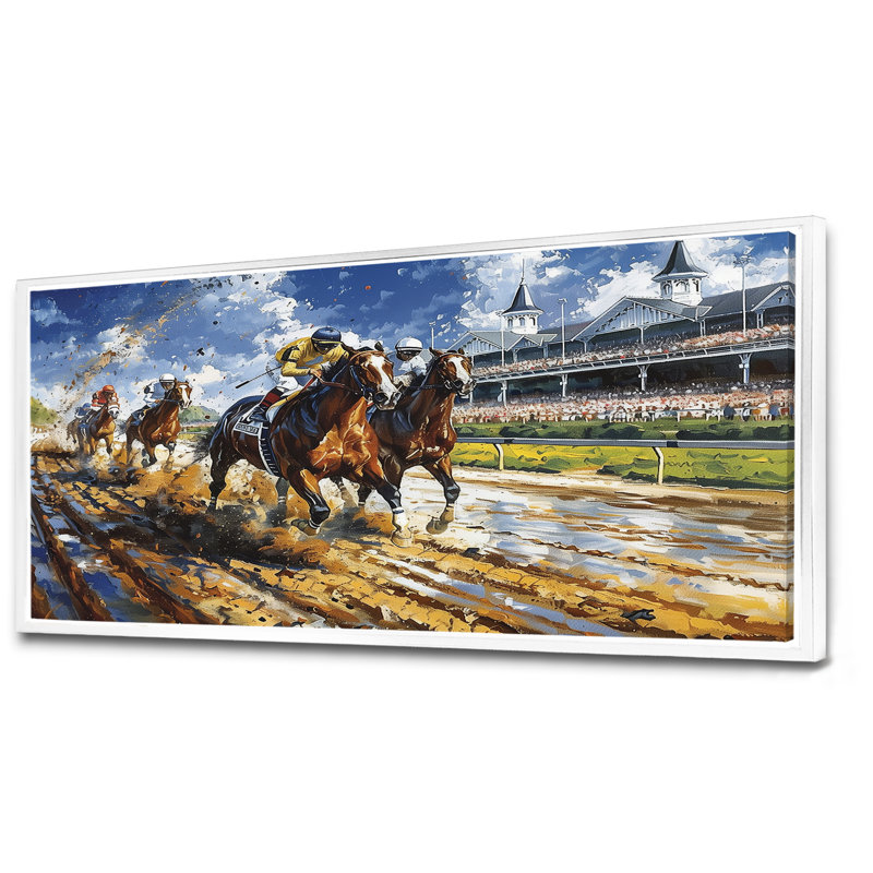 Marlyin - course de chevaux, art mural, H 28 po x l 60 po x P 1,5 po, Cadre flottant blanc