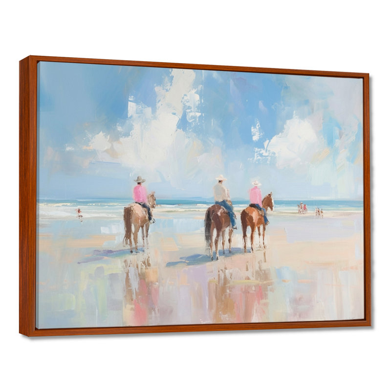 Surfside Beach, Texas Cowboys à cheval - décoration murale de cow-filles, Toile avec cadre flottant brun