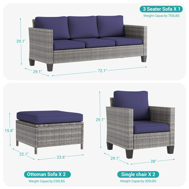 Ensemble de conversation avec canapé et coussins 5 pièces Pallua, Gris, Bleu marine