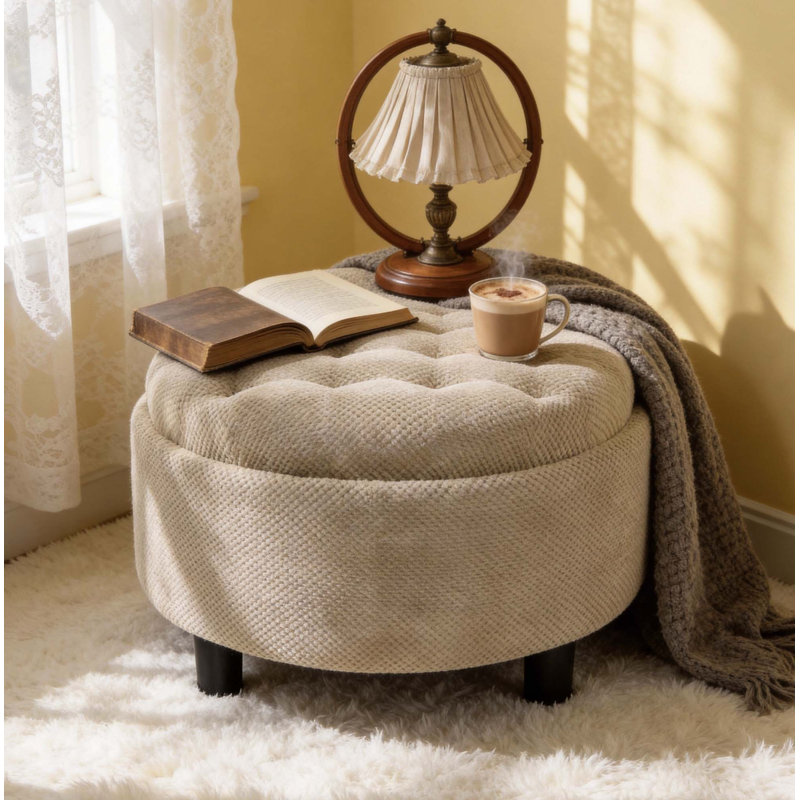 25 Inch Storage Ottoman,Coffee Table Ottoman,Wooden Top Side Table,Fabric Upholstered Pouf,Hidden Storage, Chameau