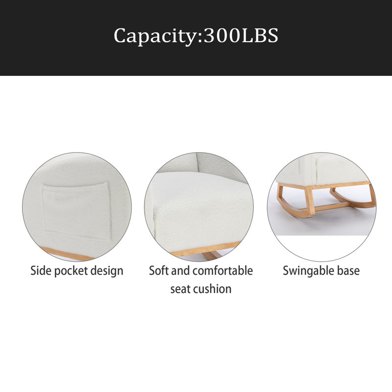 Chaise berçante en tissu Teddy avec pieds en bois paquet, Ivoire