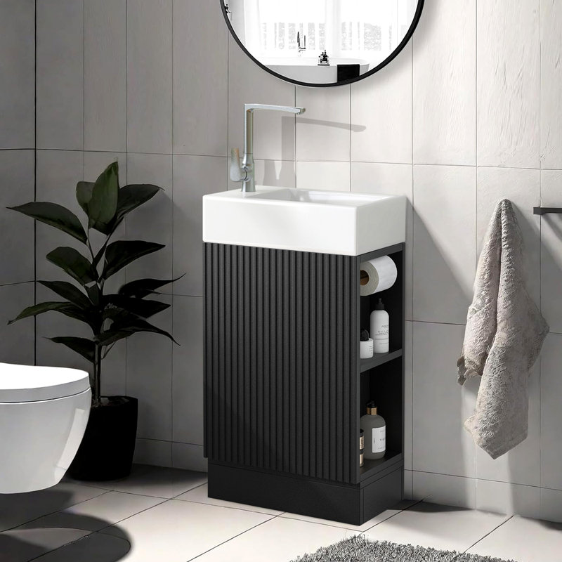 Meuble-lavabo avec lavabo en céramique, meuble-lavabo avec tablette à deux niveaux, Noir