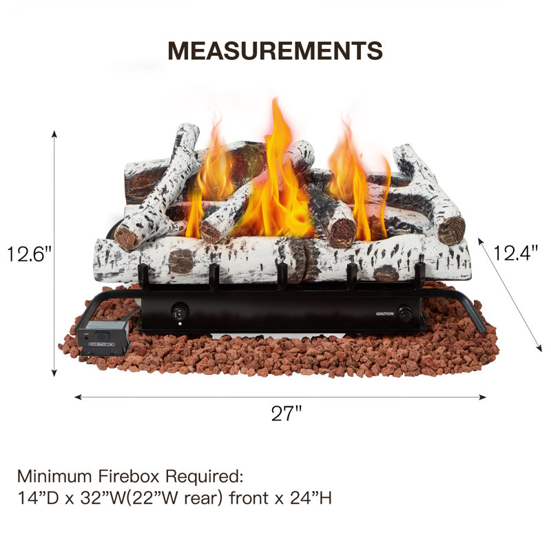 27-Inch Ventless Fireplace Logs Set for LP/Propane – Remote Control, 34,000 BTU, Made with Birch Wood, White, 1200
