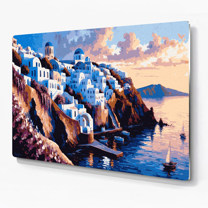 Cities Santorini Greece Grey Metal Wall Art, 132" H x 168" W x 0.05" D