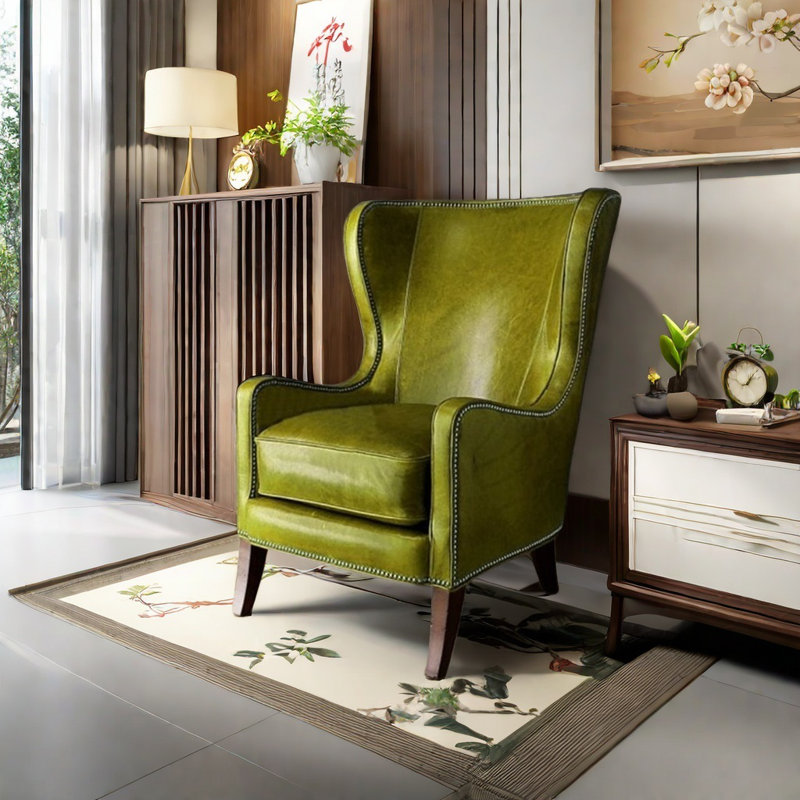 Chaise en bois massif avec coussin épais, Vert, Brun