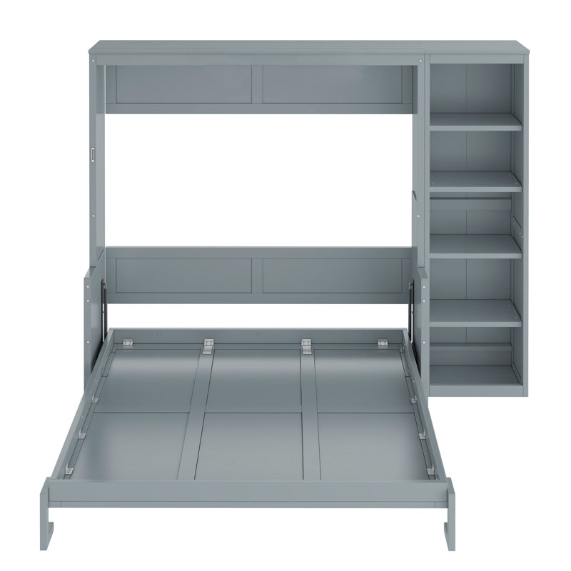 Grand lit gris avec bureau intégré et tablette de rangement pour livres, matériaux en pin massif, conception spacieuse, amplement d'espace, pliable
