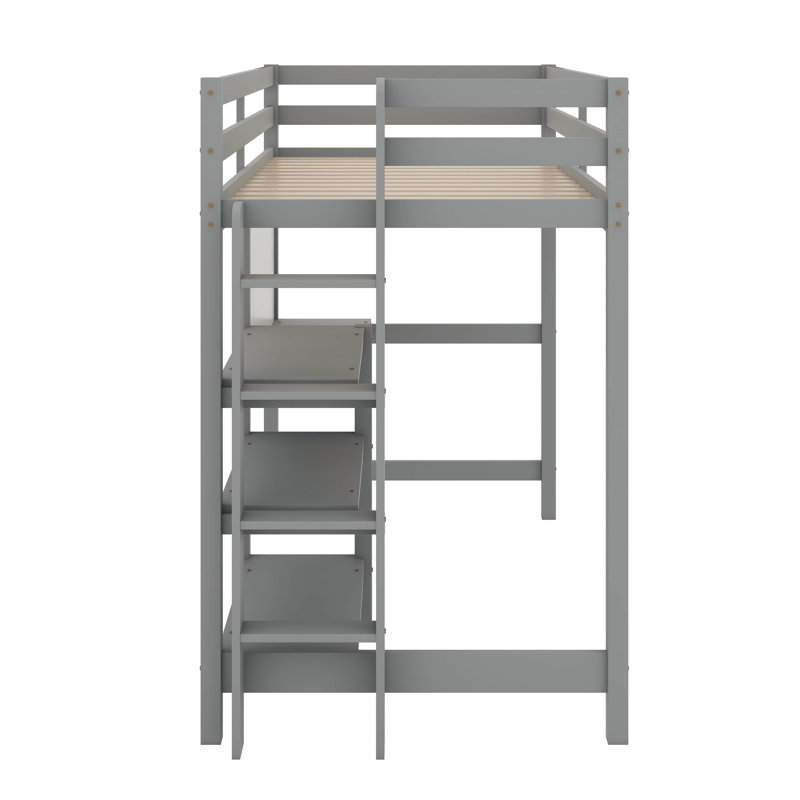 Twin Size Wooden Loft Bed With Shelves, Desk And Writing Board, Gray, Twin