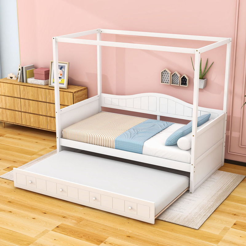 Twin Size Canopy Daybed with Twin Trundle, White