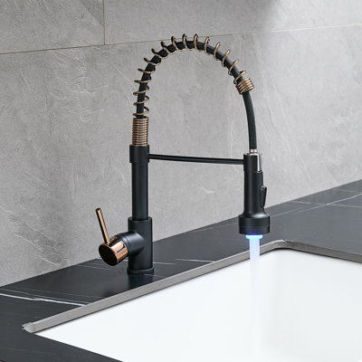 Single Handle Kitchen Faucet With Pull Down , Black And Rose Gold Led Sink Faucet, Contemporary Design, Ceramic Filler, 360 Degree Rotating Spout, Easy To Maintain Commercial Handle, Style, Brass