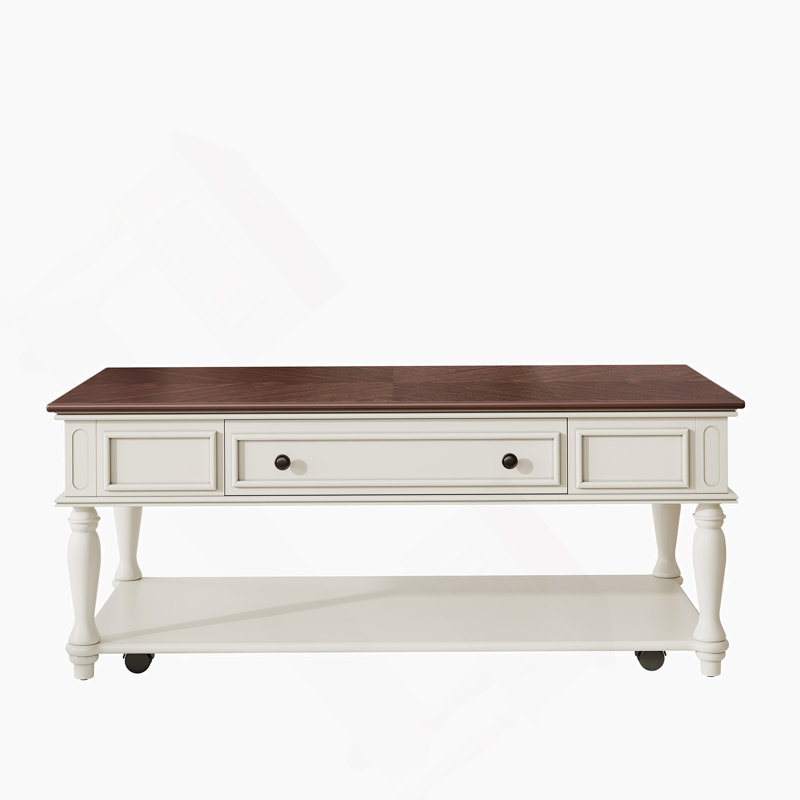 Table basse de style campagnard avec un tiroir, facile à assembler, mobile avec roues verrouillables, idéale pour le rangement et la décoration du salon
