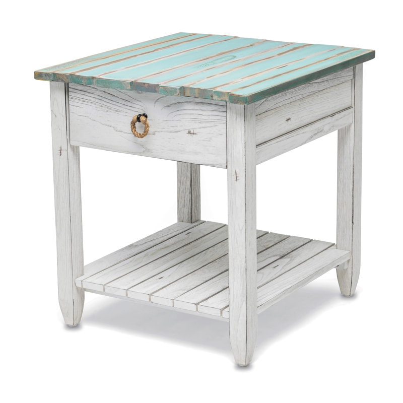 Decastro Coastal Solid Wood White Washed End Table with Storage, Blue/White