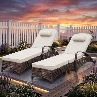 Outdoor Wicker Chaise Lounge Chair Set of 2, Adjustable 6 Position Poolside Reclining Lounge Chair With Wheels, Thickened Cushion & Pillow