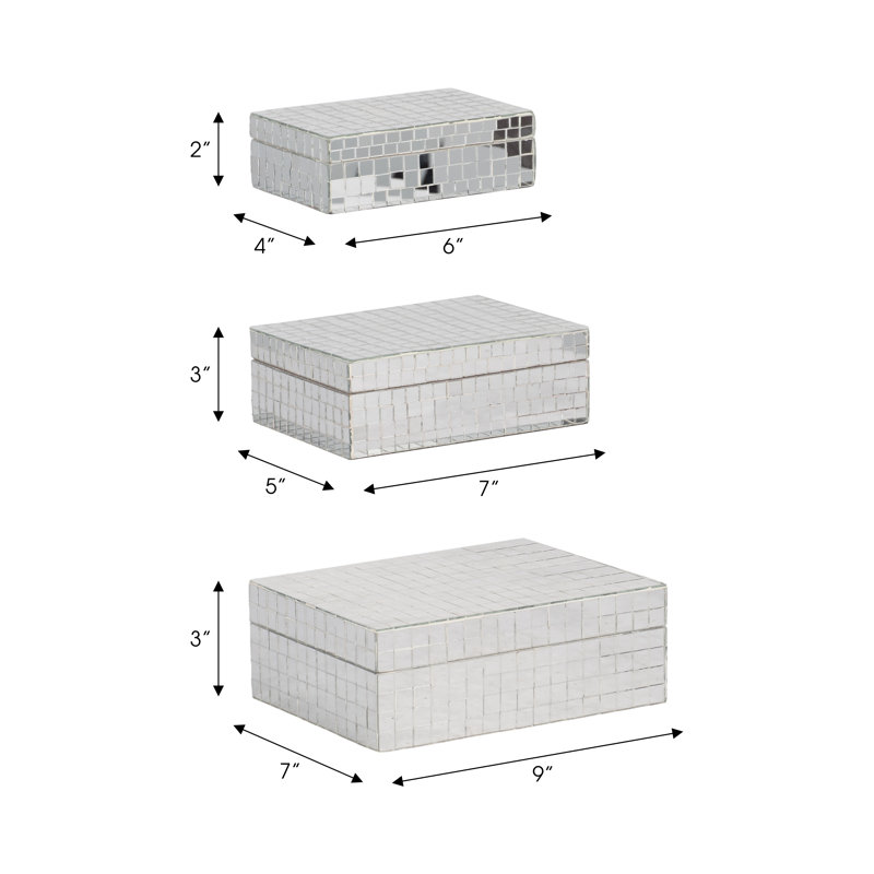 Set Of 3 6/7/9" Mosaic Boxes, Silver