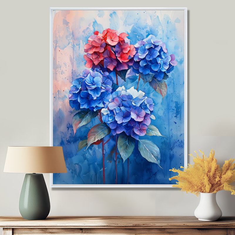 Hortensia bleu et rouge dans un style graffiti Hydrangea II - hydrangea, art mural encadré, H 32 po x l 24 po, Blanc