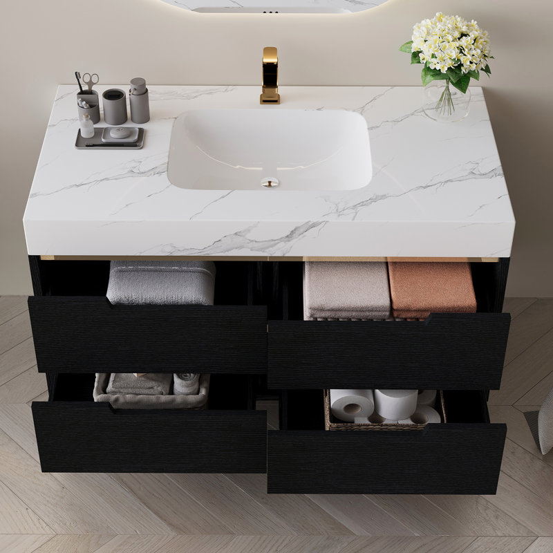 35.4" Modern Bathroom Vanity With Undermount Sink, Sintered Stone Top, Waterproof Multi-Layer Solid Wood, 4 Drawers Storage, Free-Standing/Wall-Mounted