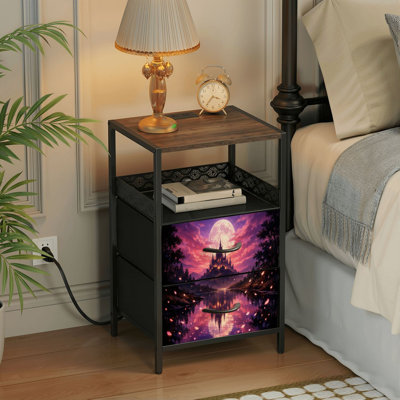2 Drawers Nightstand with Charging Station, Bedroom Nightstand with USB Ports &amp; Outlets Open Shelf Black, night stand with Majestic Castle Under Full Moon Reflective River Beautiful Sky Print