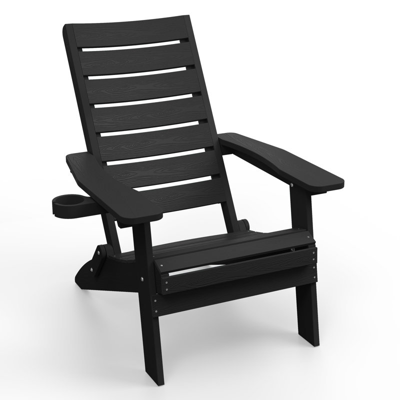 Outdoor Folding Adirondack Chair All Weather HIPS Oversized Fire Pit Chair with Cup Holder Plastic Adirondack Chair for Patio, Garden, Lawn, Pool, Black