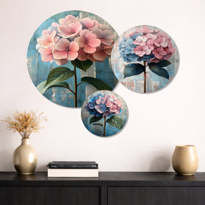«Rose Big Bloom Hydrangea I», ensemble d'art mural en métal 3 pièces